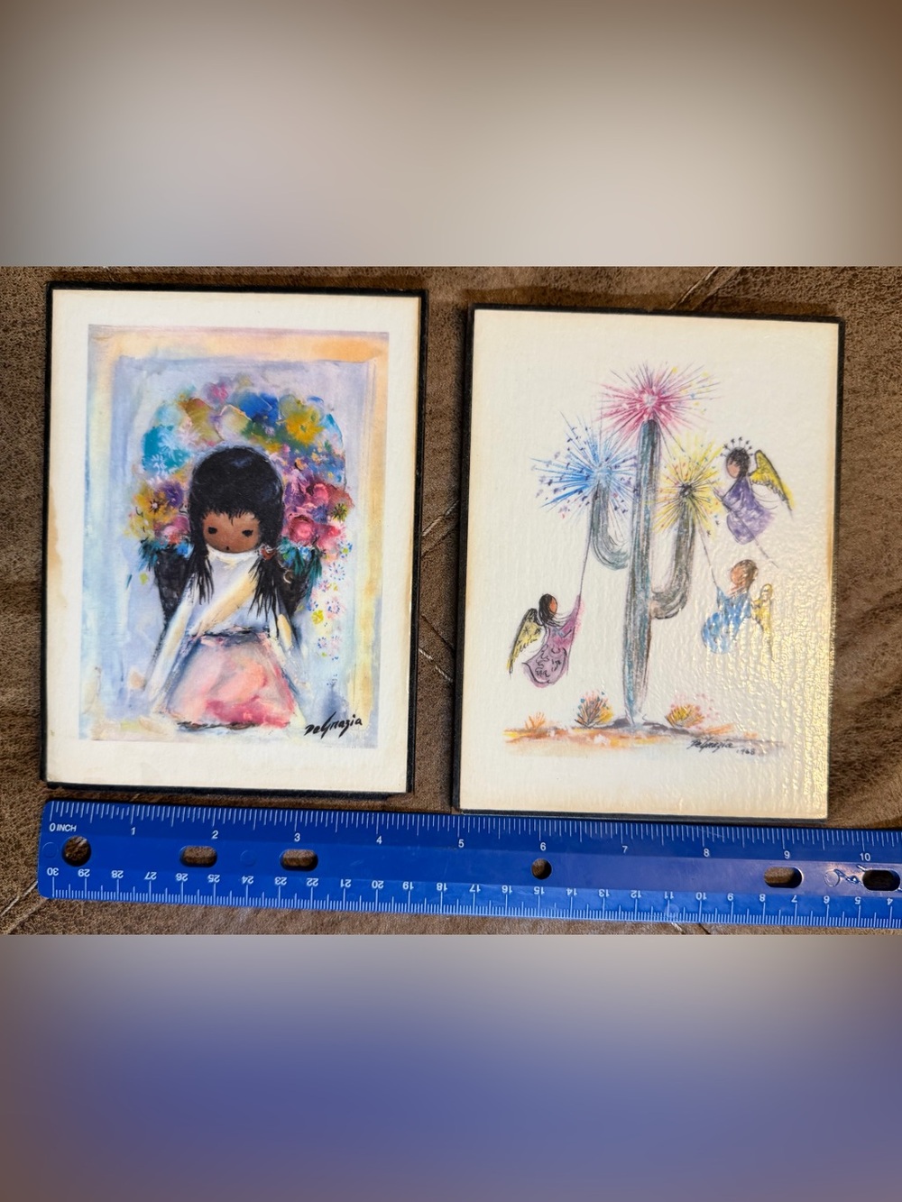 Lot of 2 Vintage DeGrazia Laminated Wood Wall Plaque Flower Girl & Three Candles